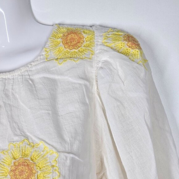 Free People My Girl Embroidered Sunflower Puff-Sleeve Blouse Cotton Ivory S - Picture 4 of 14